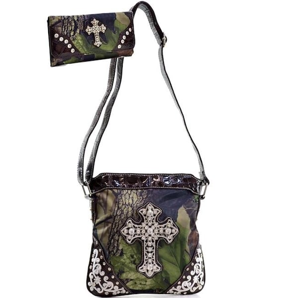 Gold Rush MG21WC106SET-GN - CAM Rhinestone Cross Embroidery Messenger Bag with Matching Wallet - Green & Cam MG21WC106SET-GN/CAM - main